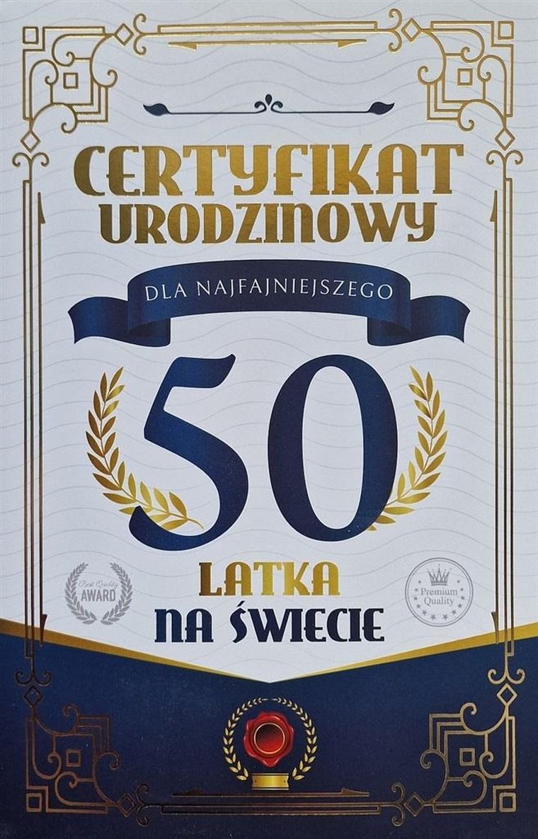 YEKU, karnet Certyfikat Urodzinowy 50 urodziny męskie