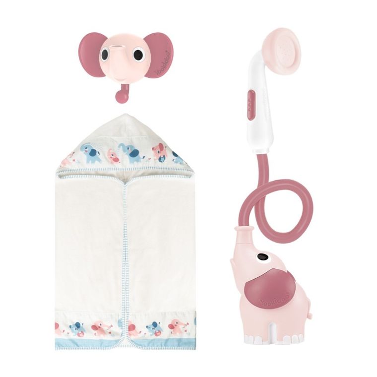 Yookidoo, zestaw kąpielowy: Prysznic słonik, różowy + okrycie kąpielowe