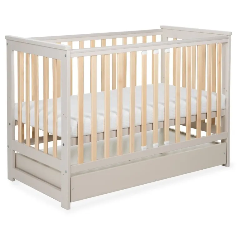 Yoonco, IWI, łóżeczko drewniane z szufladą i barierką, beż/buk