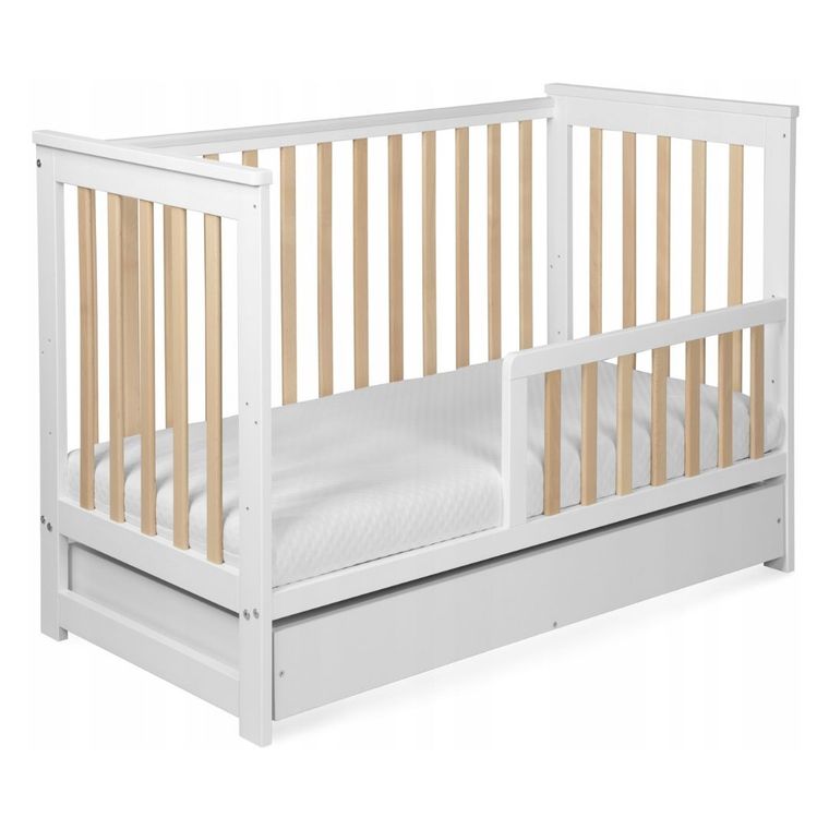 Yoonco, IWI, łóżeczko drewniane z szufladą i barierką, białe/buk