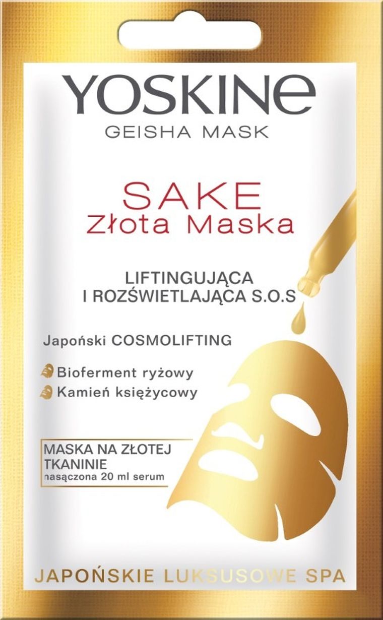 Yoskine, Geisha Mask Sake, złota maska na tkaninie, liftingująca i rozświetlająca S.O.S., 20 ml