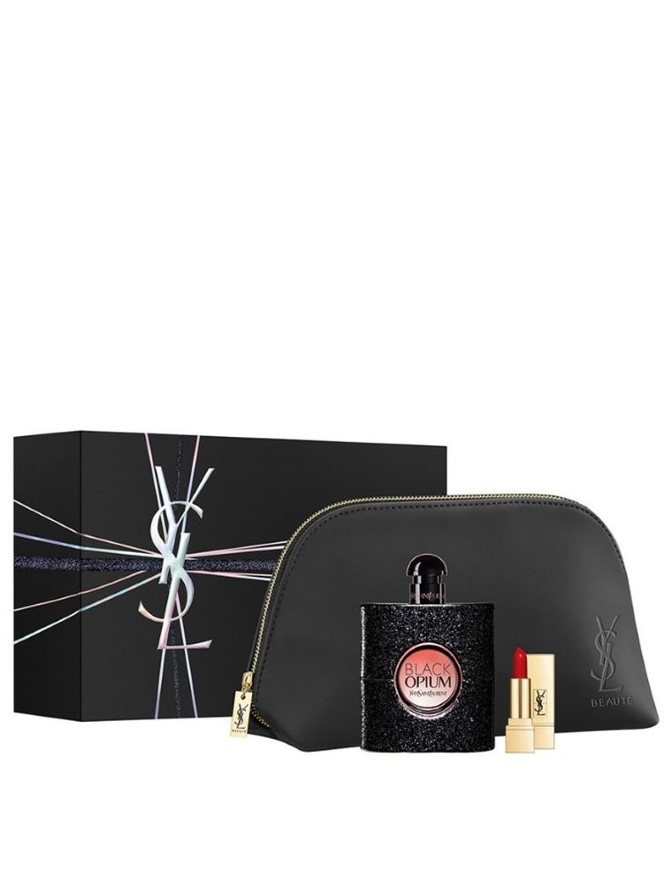 Yves Saint Laurent, Black Opium, zestaw: woda perfumowana, spray, 90 ml + Rouge Pur Couture, pomadka do ust, 01 Le Rouge, 1,3 ml + kosmetyczka