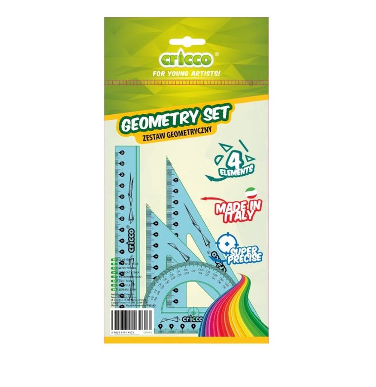 Zestaw geometryczny 4 el. z linijką, 16 cm