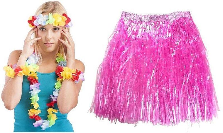 Zestaw hawajski: spódnica, naszyjnik, opaska, bransoletki, różowy