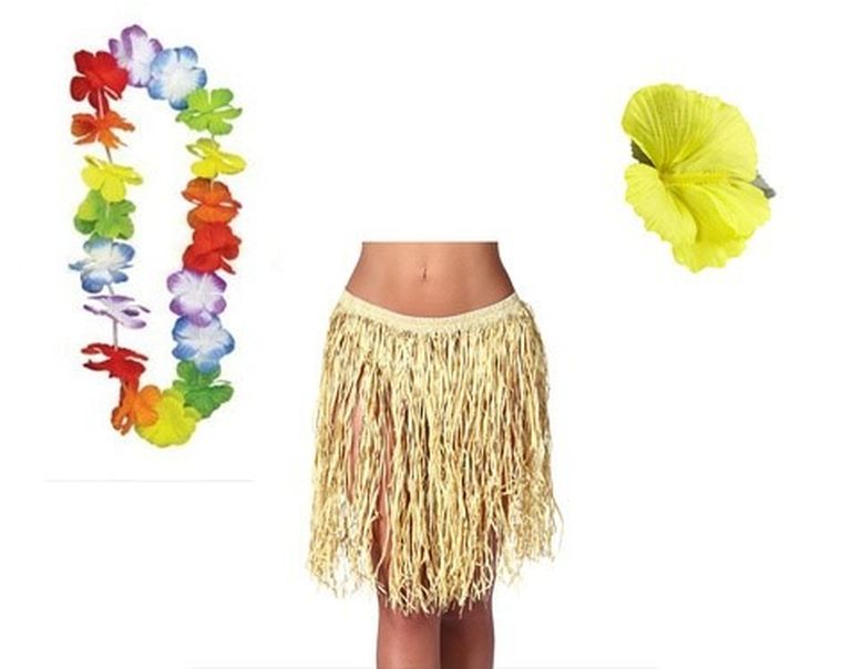 Zestaw Hawajski, spódnica, naszyjnik, spinka, słomkowa