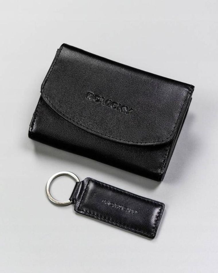 Zestaw: Portfel, Brelok, czarny, skórzany, Rovicky