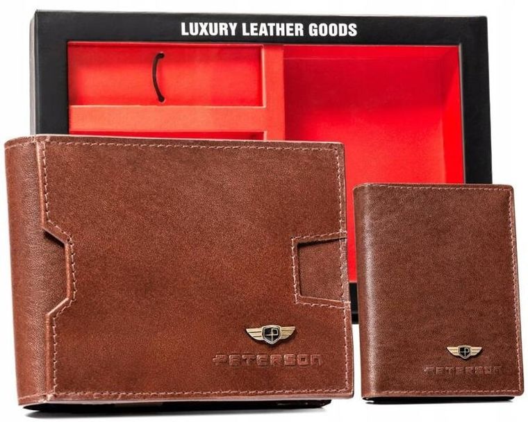 Zestaw: Portfel, Etui na karty, Brelok, brązowy, skórzany, RFID, Peterson