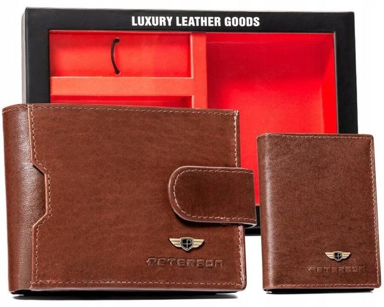 Zestaw: Portfel, Etui na karty, Brelok, brązowy, skórzany, RFID, Peterson