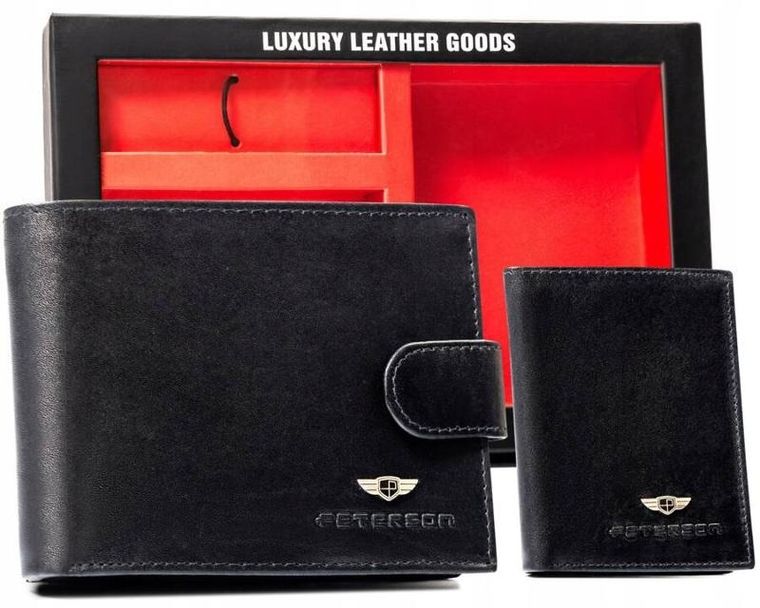 Zestaw: Portfel, Etui na karty, Brelok, czarny, skórzany, RFID, Peterson