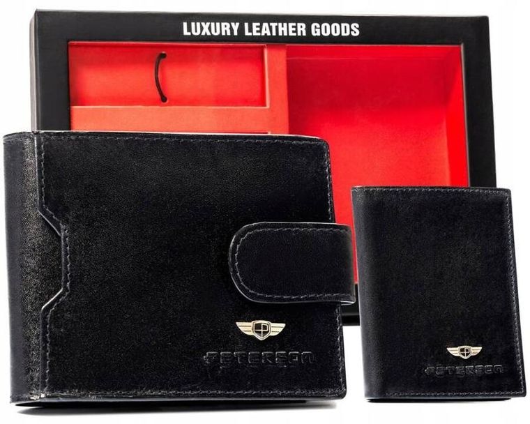 Zestaw: Portfel, Etui na karty, Brelok, czarny, skórzany, RFID, Peterson