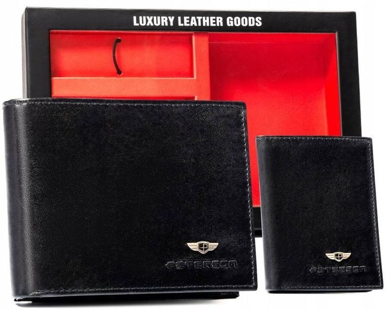 Zestaw: Portfel, Etui na karty, Brelok, czarny, skórzany, RFID, Peterson