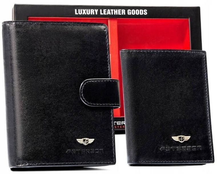 Zestaw: Portfel, Etui na karty, Brelok, czarny, skórzany, RFID, Peterson