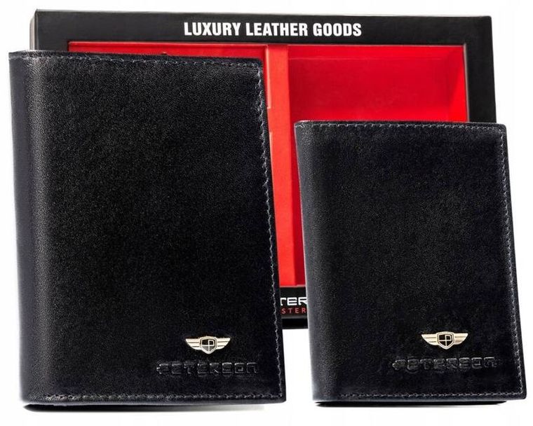 Zestaw: Portfel, Etui na karty, Brelok, czarny, skórzany, RFID, Peterson