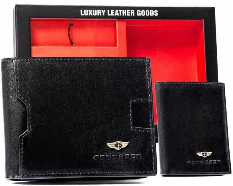 Zestaw: Portfel, Etui na karty, Brelok, czarny, skórzany, RFID, Peterson