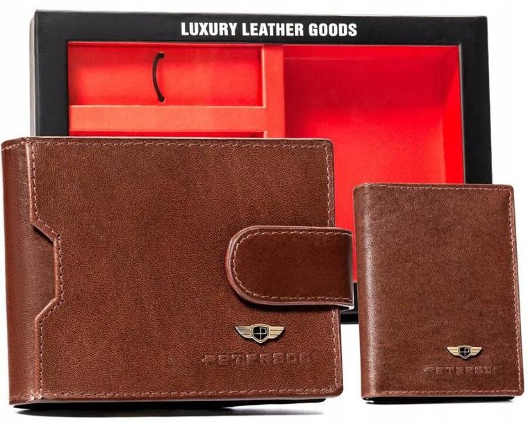 Zestaw: Portfel, Etui na karty, Brelok, RFID, brązowy, skórzany, Peterson
