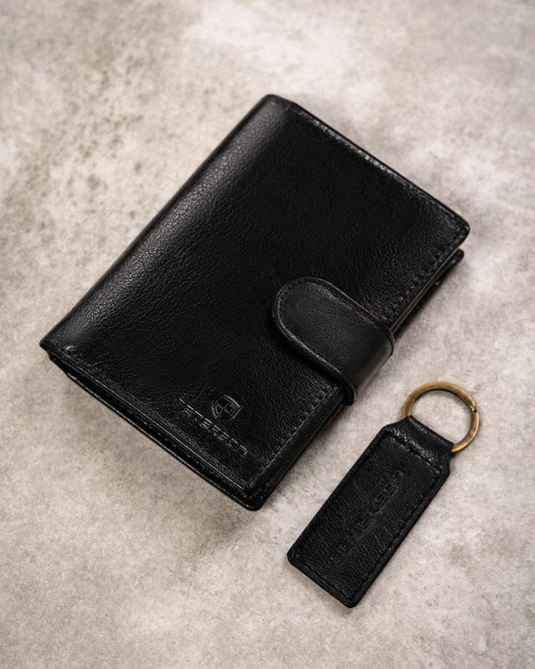 Zestaw prezentowy: Portfel, Brelok, czarny, skórzany, Peterson