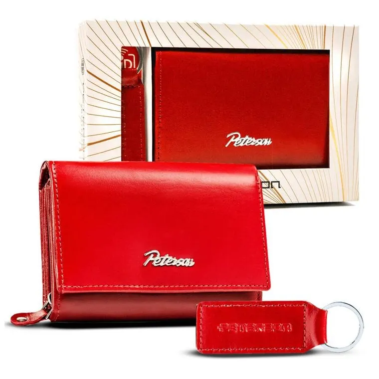 Zestaw prezentowy: Portfel, Brelok, czerwony, skórzany, Peterson