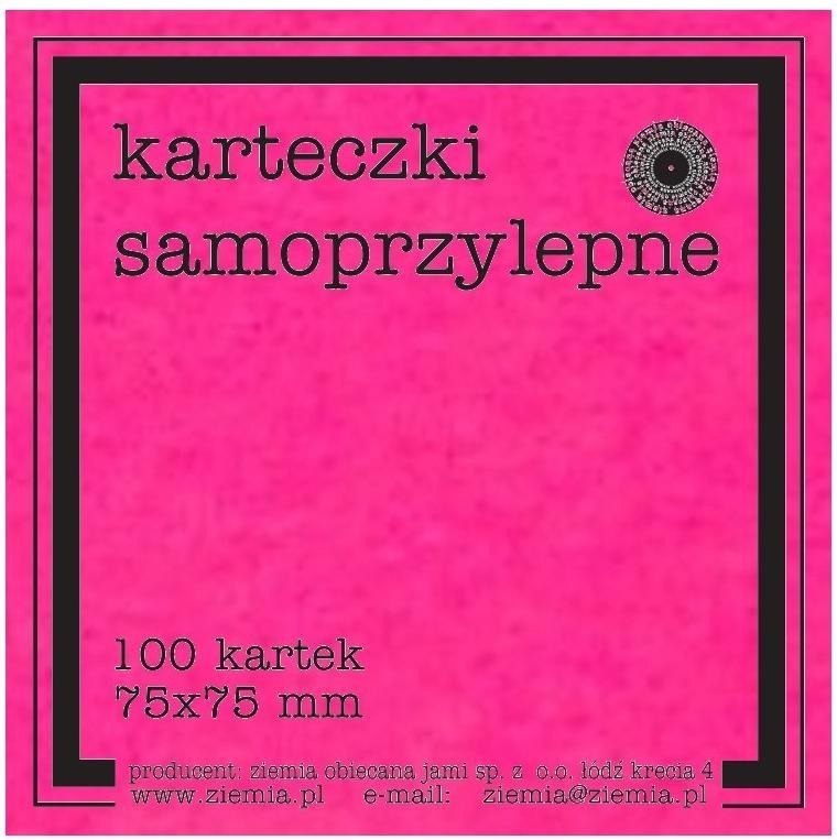 Ziemia Obiecana, karteczki samoprzylepne, fluo, 100 kartek, 75-75 mm, róż