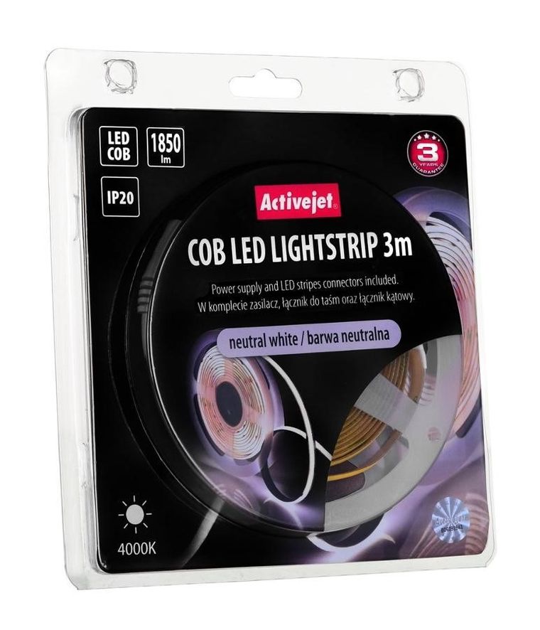Activejet, Cob, taśma LED z zasilaczem, 3m, barwa neutralna, IP20