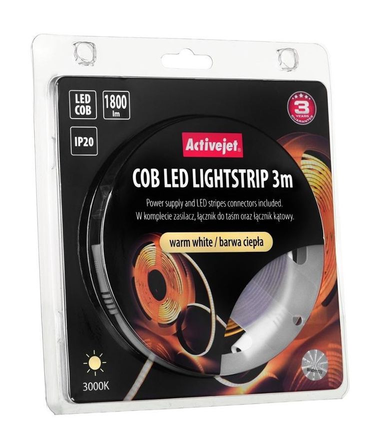 Activejet, taśma LED COB z zasilaczem, barwa ciepła, ip20, 3m