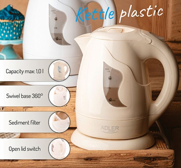 Adler, czajnik elektryczny, plastikowy, 1,0 l, 850W, AD 08
