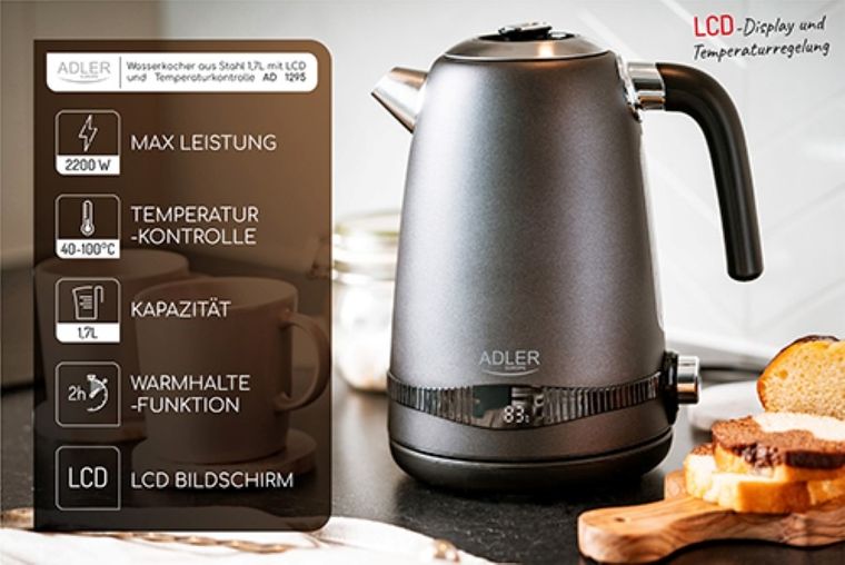 Adler, czajnik stalowy z LCD i regulacją temperatury, AD 1295, czarny, 1,7l