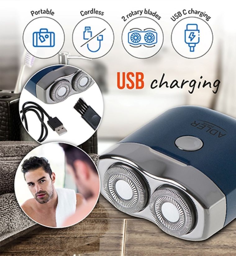 Adler, golarka podróżna 2 głowicowa z USB, AD 2937