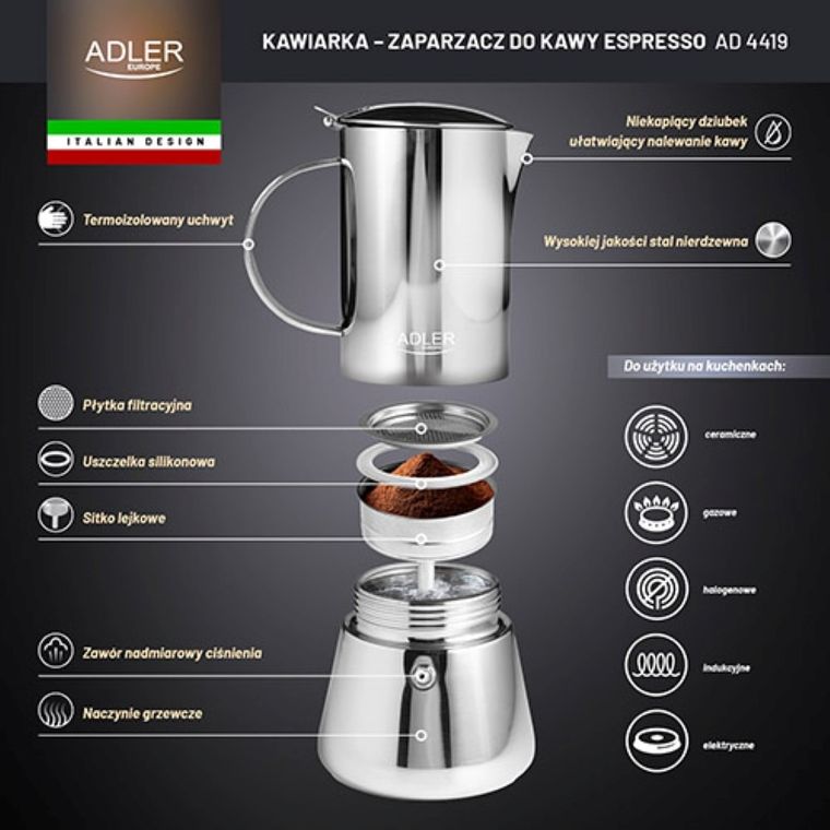 Adler, kawiarka, zaparzacz do kawy espresso, 350 ml