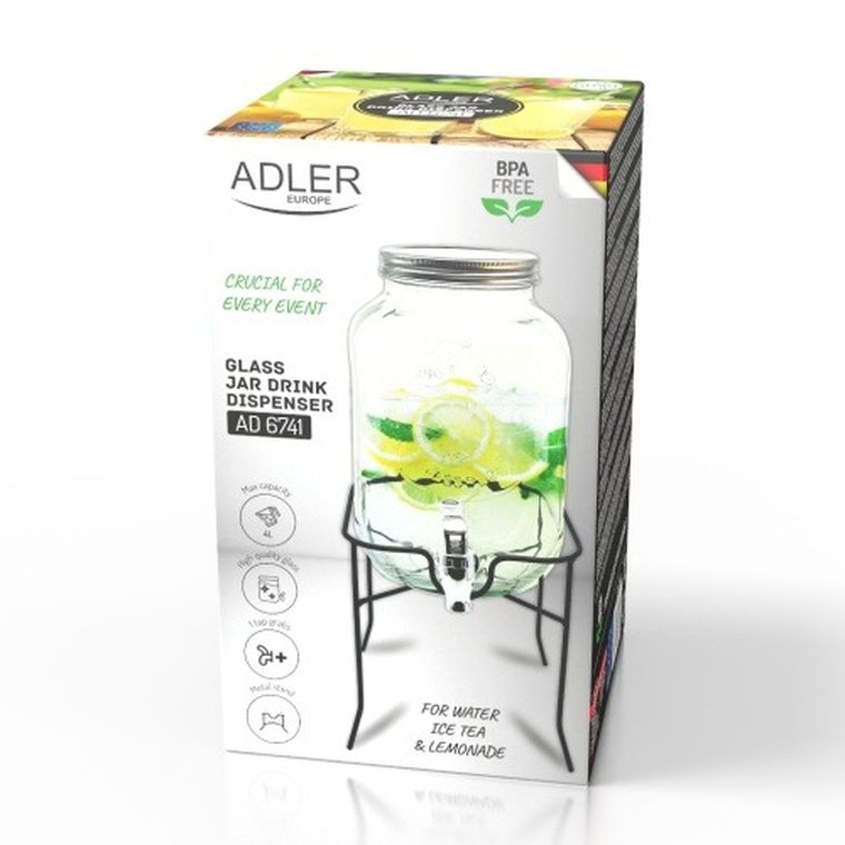 Adler, słój do napojów z kranikiem i stojakiem, szklany, 4l