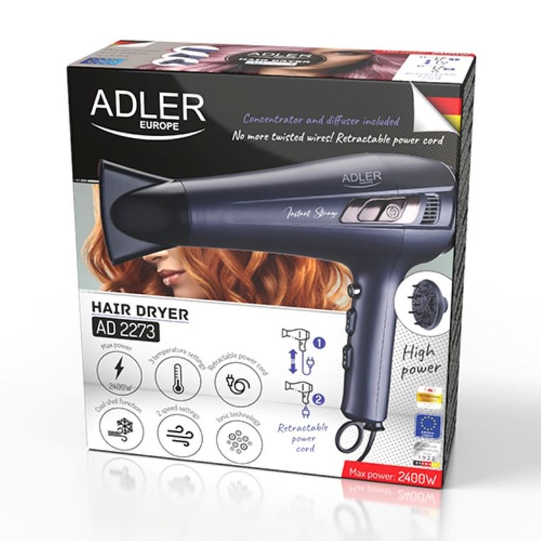 Adler, suszarka ze zwijanym przewodem i dyfuzorem, 2400W