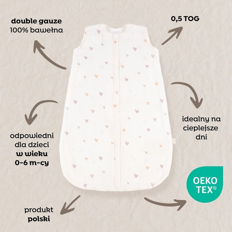 Albero Mio, Mini Hearts, śpiworek do spania, muślinowy,TOG 0.5, rozmiar M