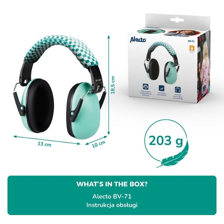 Alecto, BV-71, nauszniki wygłuszające dla dzieci, zielone