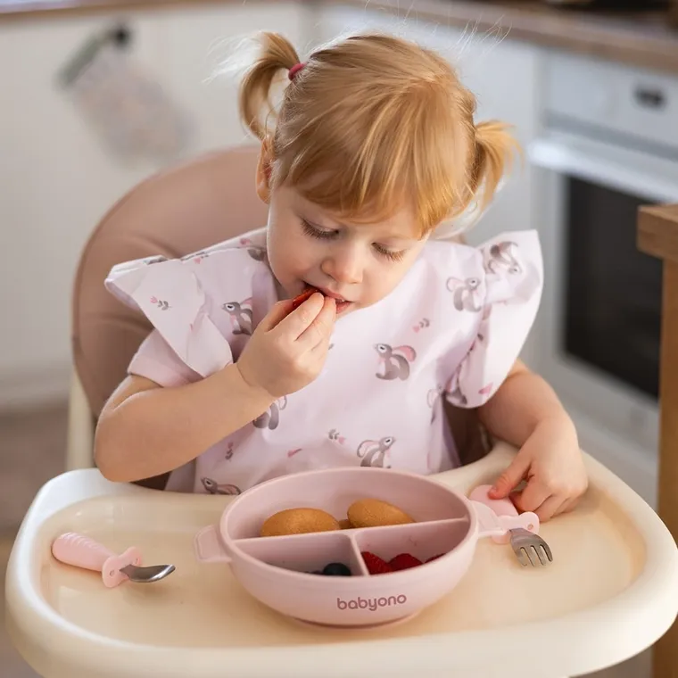 BabyOno, silikonowy talerzyk z przyssawką i przykrywką, różowy