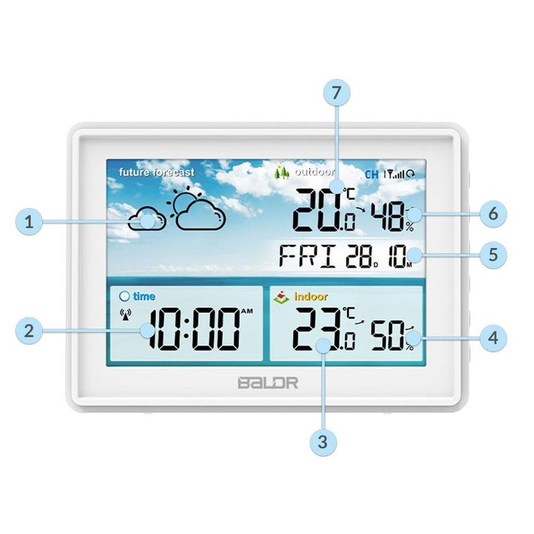Baldr, stacja pogodowa z wyświetlaczem, BD-909, biała