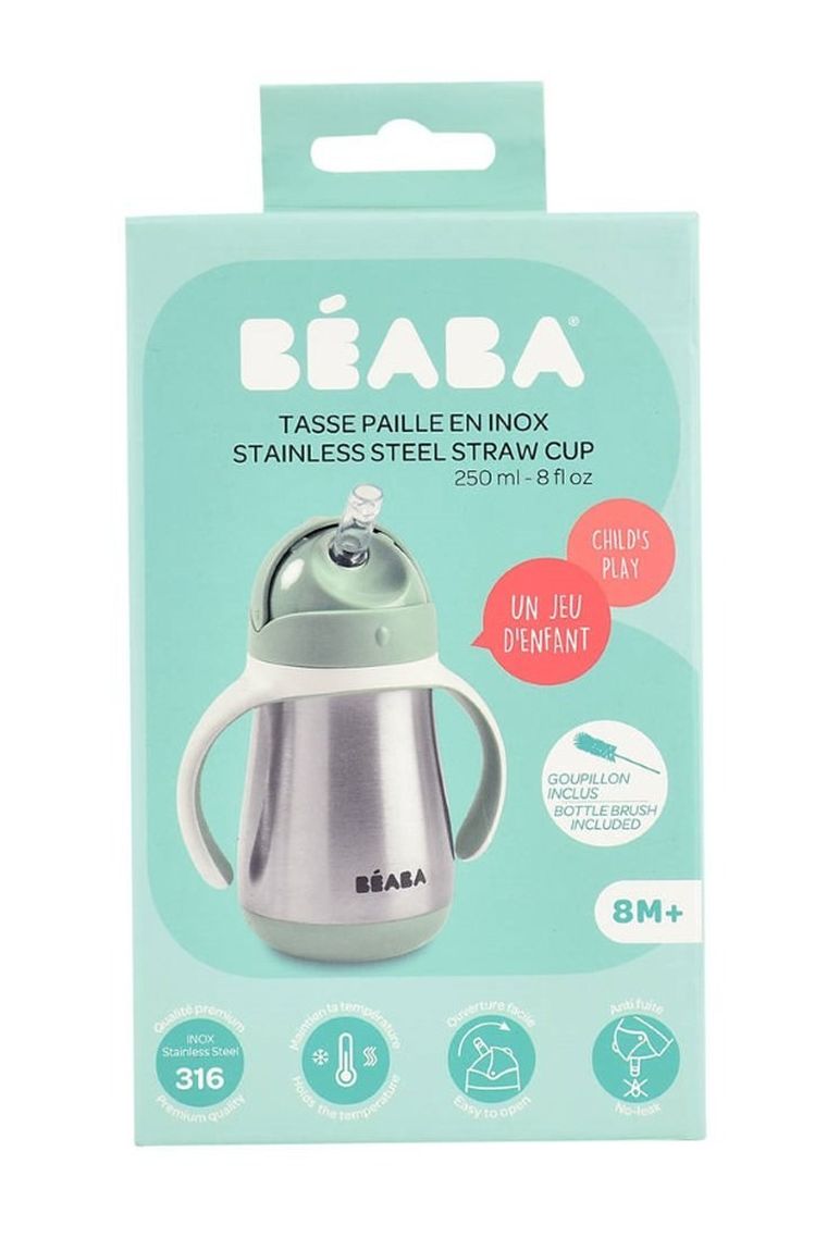 Beaba, bidon termiczny, ze słomką, sage green, 250 ml