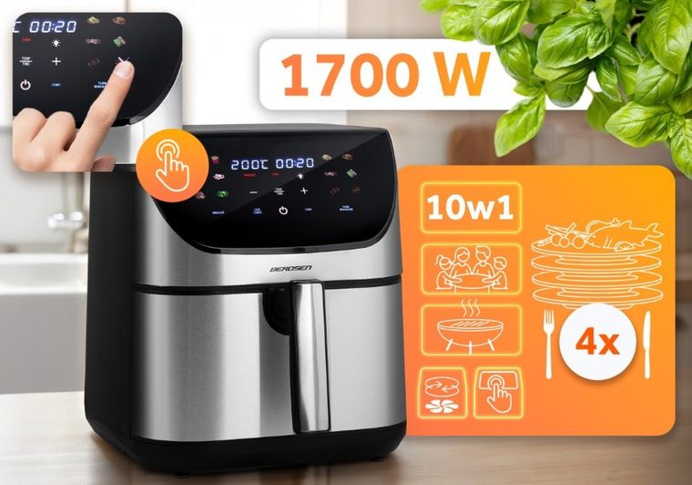 Berdsen, frytkownica beztłuszczowa, air fryer, 1700W, srebrny, 8l, BD-659