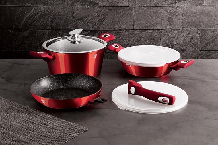 Berlinger Haus, Burgundy, zestaw: garnki granitowe z pokrywą + patelnie, 6 elementów