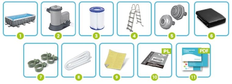 Bestway, basen stelażowy z pompą filtrującą i drabinką, prostokątny, 549-274-122 cm, 12w1