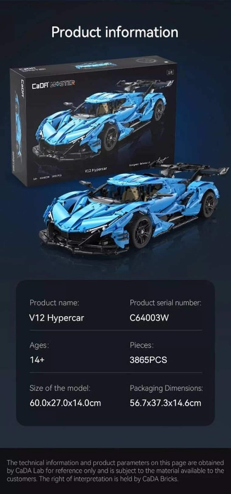 Cada, V12 Hypercar, pojazd wyścigowy, niebieski, 1:8, 60 cm, 3865 elementów
