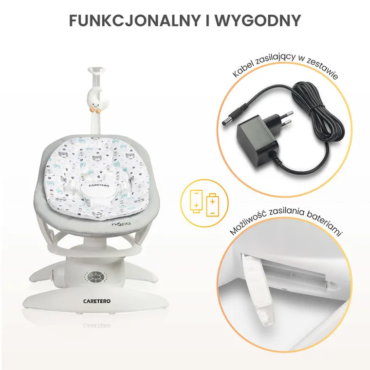 Caretero, elektryczny leżaczek i bujaczek 2w1, graphite