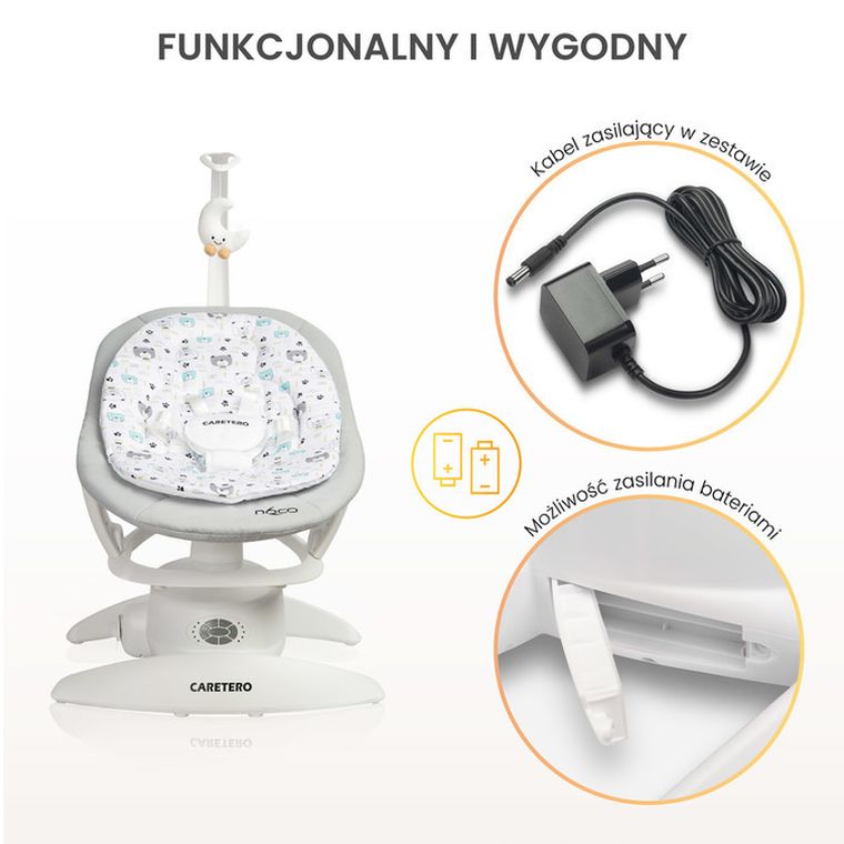 Caretero, Noco, elektryczny leżaczek i bujaczek 2w1, grey