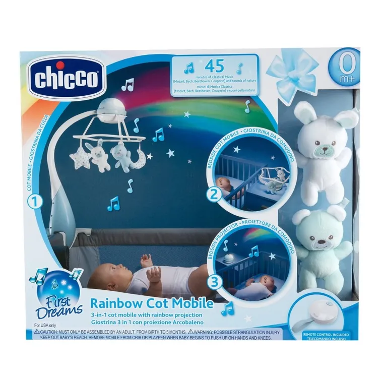 Chicco, First Dreams, karuzela do łóżeczka, 3w1, rainbow, niebieska