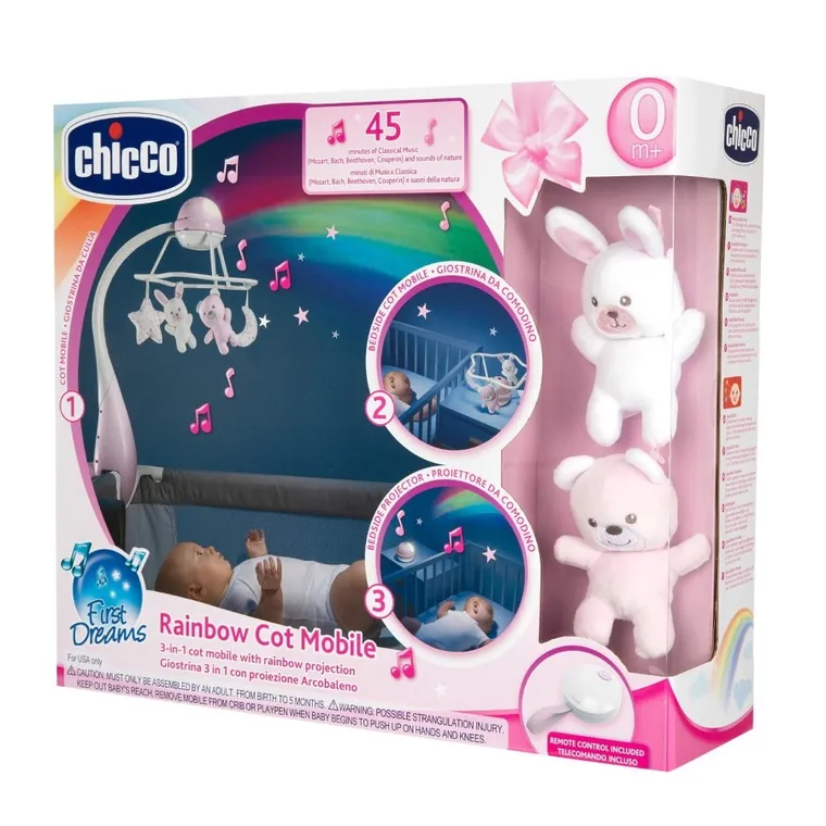 Chicco, First Dreams, karuzela do łóżeczka, 3w1, rainbow, różowa