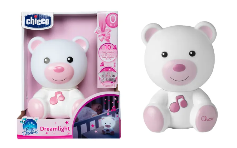 Chicco, First Dreams, lampka nocna Miś, różowa, uspokajacz z dźwiękami