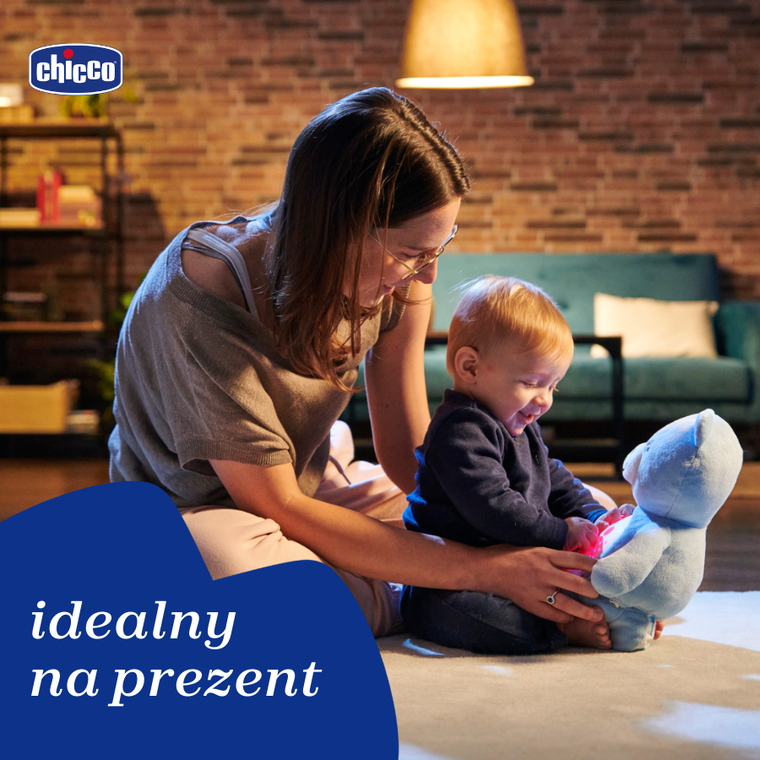 Chicco, First Dreams, Miś z Projektorem, maskotka, uspokajacz z dźwiękami, muzyka klasyczna, niebieski