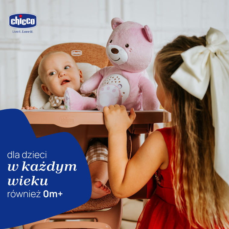 Chicco, First Dreams, Miś z Projektorem, maskotka, uspokajacz z dźwiękami, muzyka klasyczna, różowy
