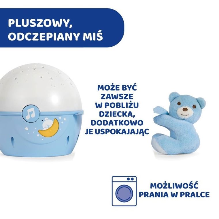 Chicco, First Dreams, Next2stars, projektor na łóżeczko z muzyką klasyczną, uspokajacz, czujnik płaczu, niebieski