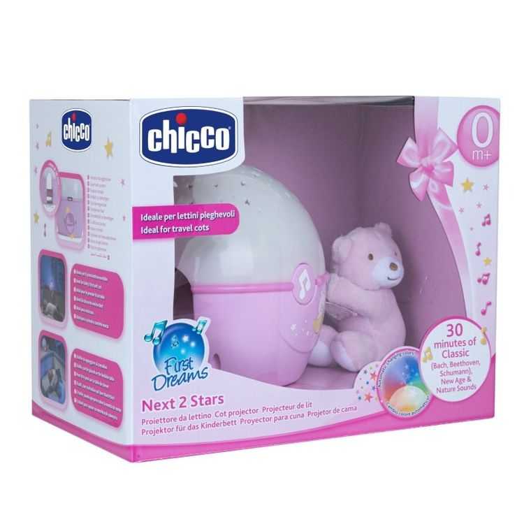 Chicco, First Dreams, Next2stars, projektor na łóżeczko z muzyką klasyczną, uspokajacz, czujnik płaczu, różowy