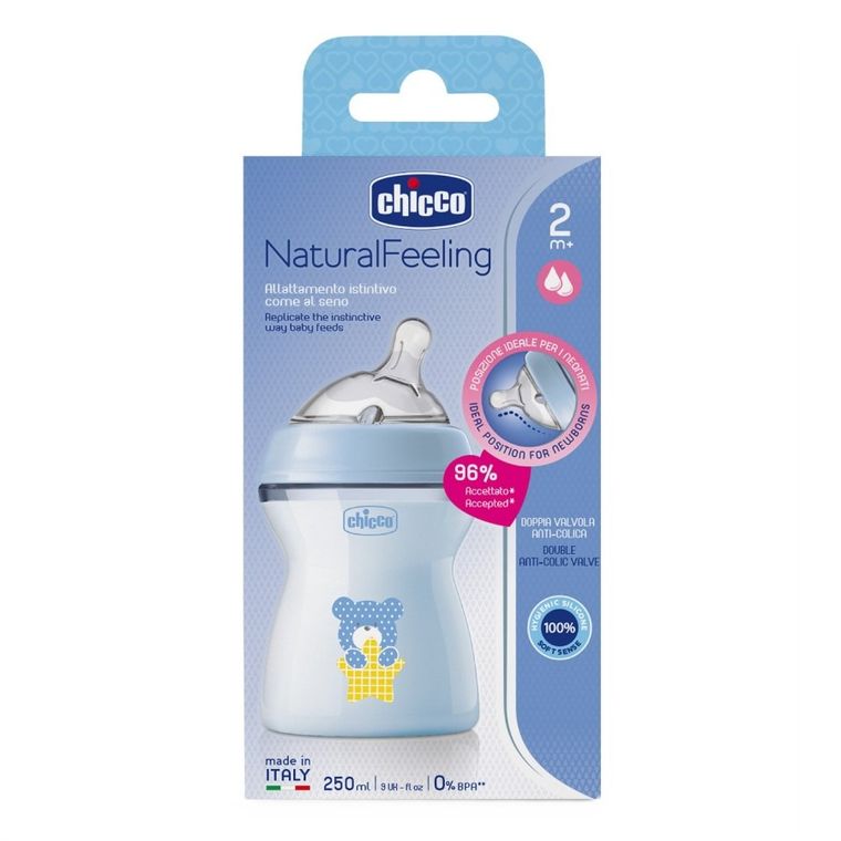 Chicco, NaturalFeeling, butelka plastikowa, przepływ średni, niebieska, 2m+, 250 ml
