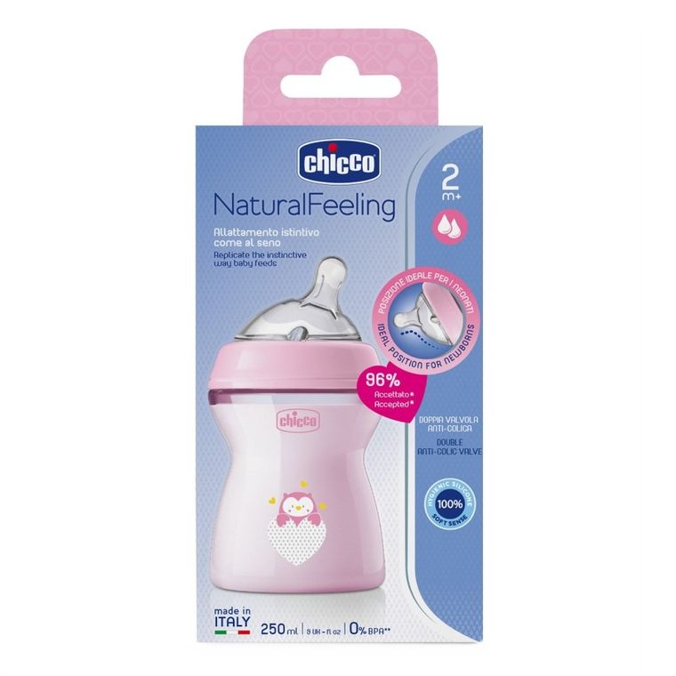 Chicco, NaturalFeeling, butelka plastikowa, przepływ średni, różowa, 2m+, 250 ml